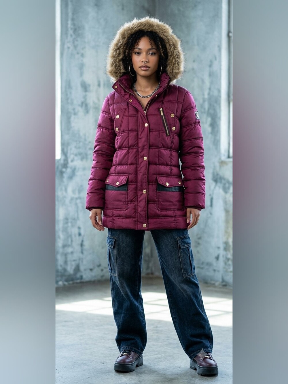 Rocawear Y2K Women's Double-Zip Belted Hooded Puffer without belt